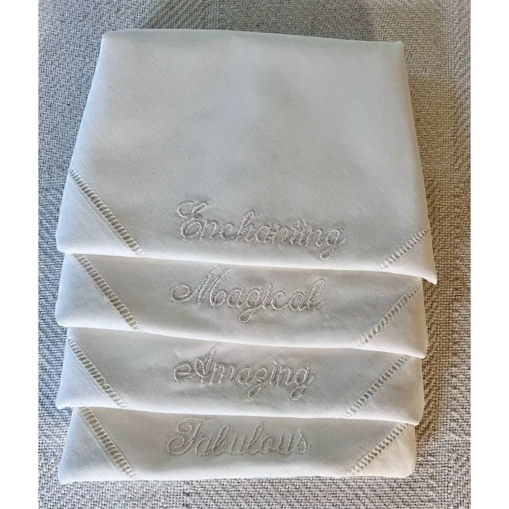 Set of 4 Linen Hemstitched Embroidered Hand Towels/Napkins
